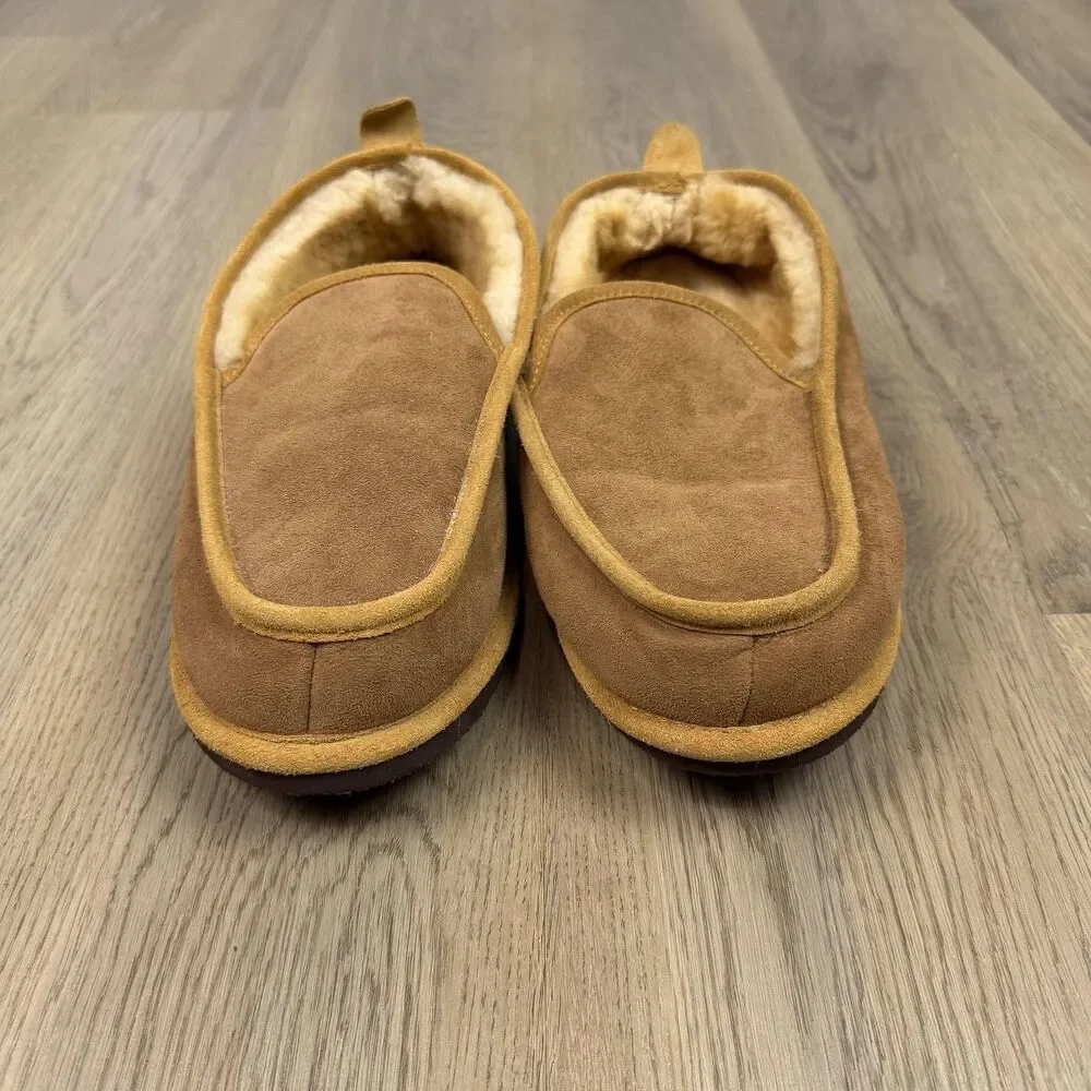 L.L. Bean Slipper Shoes Mens Size 12 Brown Suede Shearling Lined Moccasin Indoor